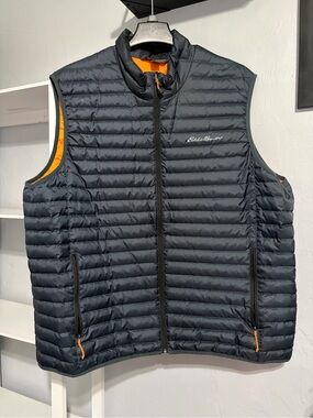Eddie Bauer Men’s Navy Quilted Puffer Vest with Orange Trim